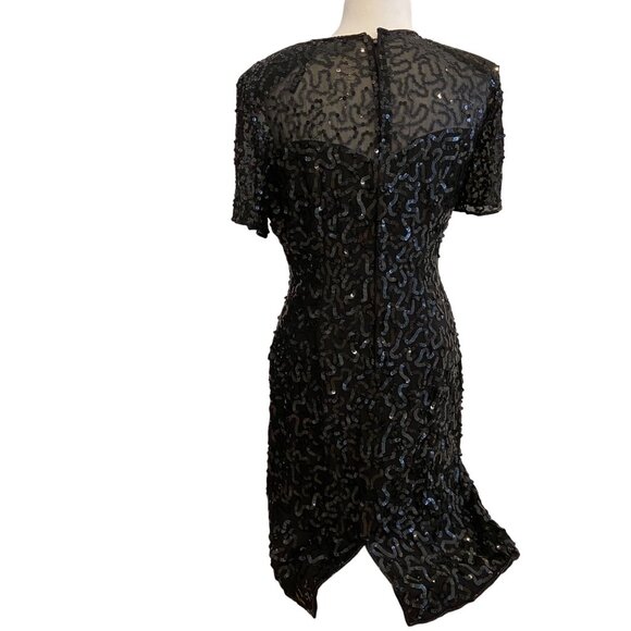 NWT Vintage Principles Black Cocktail Dress Silk Sequin Short Sleeve Sheer Back - Picture 2 of 16